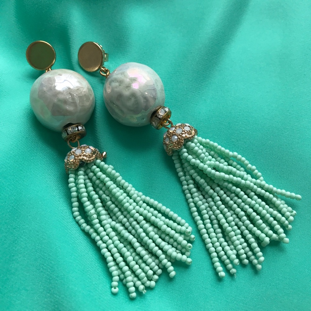 Super Fun Mint Drop Beaded Tassel Earrings